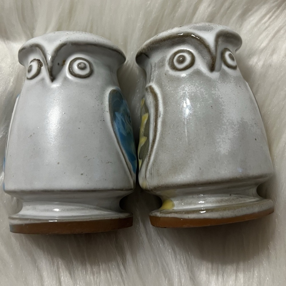Vintage Japan Ceramic Owl Salt and Pepper Shakers Blue Yellow Mid Century Modern